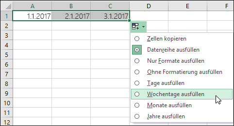 Verwenden des Ausfüllkästchens zum Erstellen einer Liste fortlaufender Datumsangaben