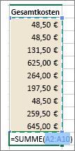 Screenshot, der zeigt, dass nach dem Auswählen von AutoSumme der Auswahlbereich und die Formel angezeigt werden.