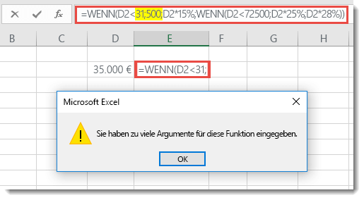 Excel-Meldung beim Hinzufügen eines Kommas zu einem Wert.