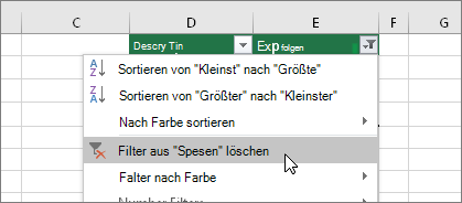 Filtermenü, Filter löschen von ...