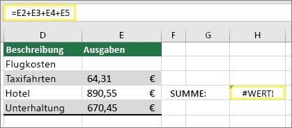 Zelle H4 mit =E2+E3+E4+E5 und Ergebnis der #VALUE!