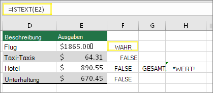 Zelle F2 mit =ISTEXT(E2) und Ergebnis von TRUE