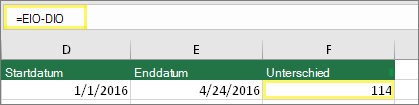 Zelle D10 mit 1/1/2016, Zelle E10 mit 4/24/2016, Zelle F10 mit Formel: =E10-D10 und Ergebnis 114