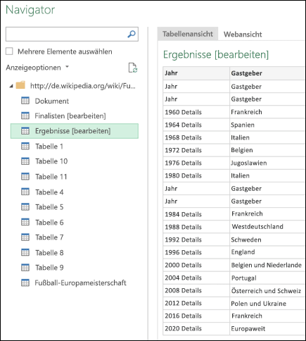 > Power Query aus der Webnavigator-Tabellenansicht >
