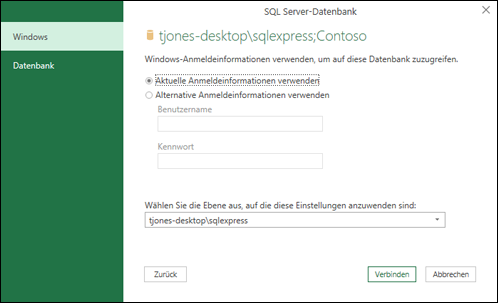 Anmeldeinformationen für Power Query SQL Server-Verbindung