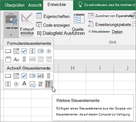 ActiveX-Steuerelemente im Menüband.