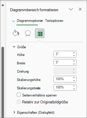Screenshot, der zeigt, wie die Diagrammgröße im Dialogfeld 