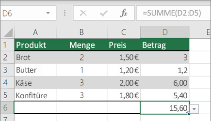Beispiel für eine SUMME-Funktion mit einem benannten Bereich