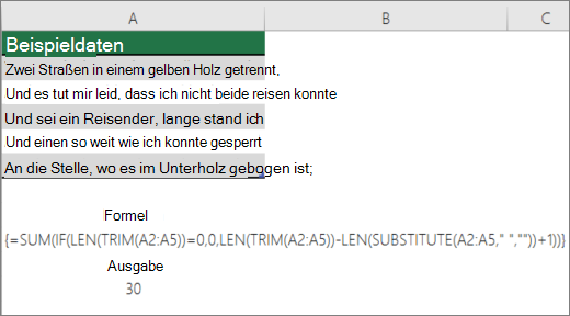 Beispiel für eine geschachtelte Formel zum Zählen von Wörtern