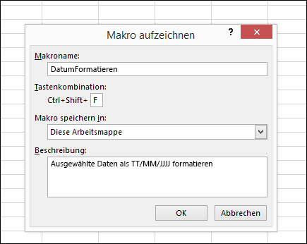 Befehl 'Makro aufzeichnen' auf der Registerkarte 'Entwickler' in der Gruppe 'Code'