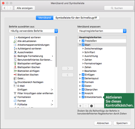Aktivieren Sie das Kontrollkästchen neben Entwicklertools, um sie dem Menüband hinzuzufügen