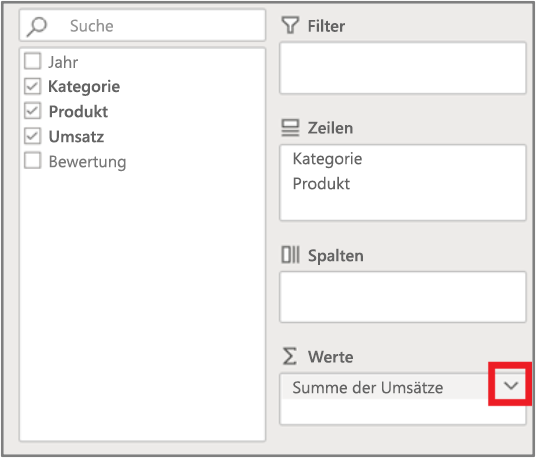 Das Feld Werte in der Feldliste