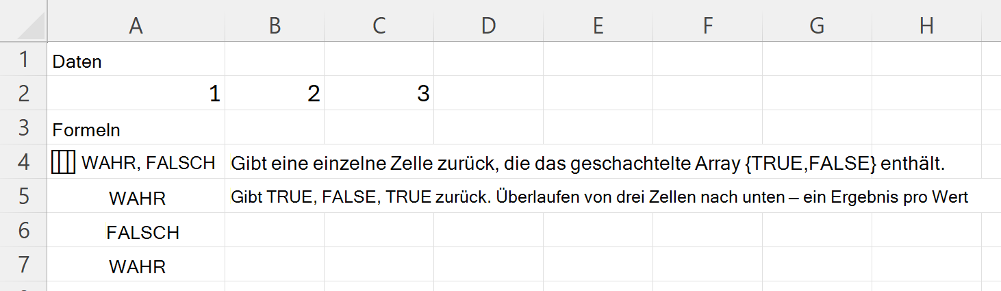 HAS gibt WAHR und FALSCH in einer einzelnen Zelle mit geschachtelten Arrays zurück, und WAHR, FALSCH, WAHR nach unten drei Zellen nach unten