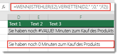 Als Problemumgehung verwendete Funktionen WENN und ISTFEHLER, um eine Zeichenfolge mit einem #WERT!-Fehler zu verketten