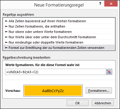 Bedingte Formatierung > Dialogfeld 