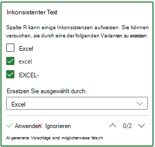 Karte mit Vorschlägen für inkonsistente Textvorschläge