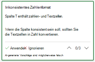 Karte mit Vorschlägen für inkonsistentes Zahlenformat.