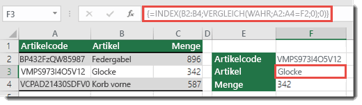 Screenshot der Verwendung von INDEX und VERGLEICH zum Nachschlagen von Werten mit mehr als 255 Zeichen.