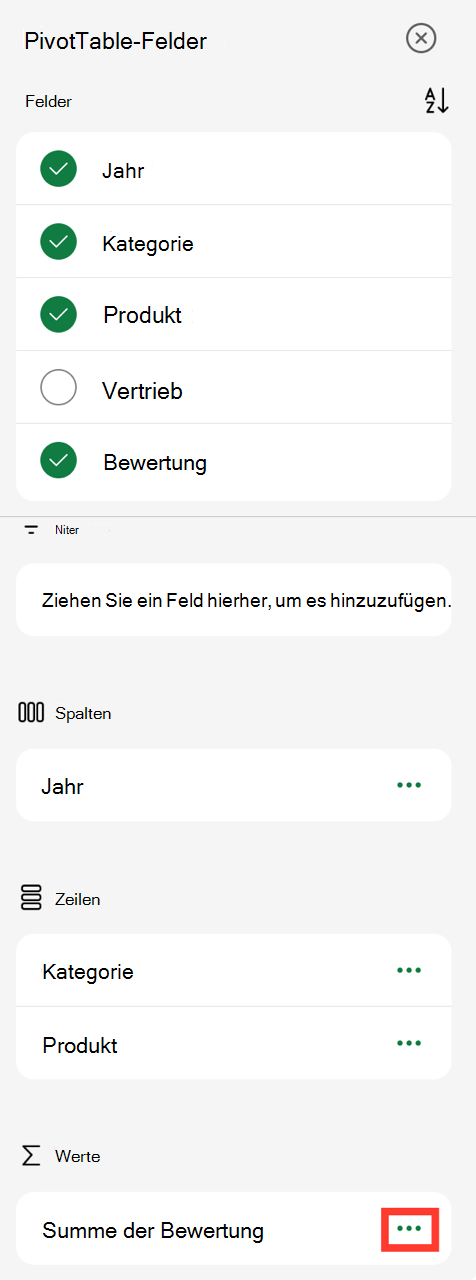 Auslassungspunkte für PivotTable-Feldwerte auf dem iPad