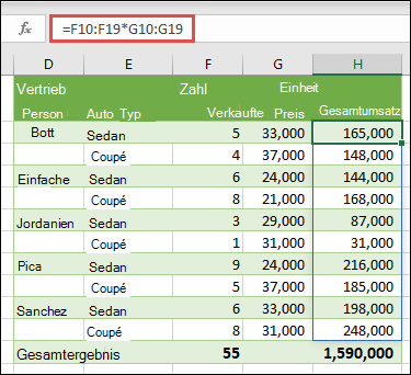 Mehrzellen-Matrixfunktion in Zelle H10 =F10:F19*G10:G19 zum Berechnen der Anzahl verkaufter Fahrzeuge nach Preis je Einheit