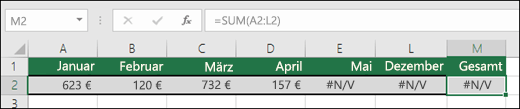 Beispiel für in Zellen eingegebene #N/A, die verhindert, dass eine SUMME-Formel ordnungsgemäß berechnet wird.