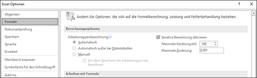 Screenshot der Einstellungen für iterative Berechnung