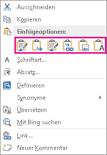 Schaltflächengruppe mit fünf Optionen zum Einfügen von Excel-Diagrammen in Word