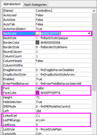 Eigenschafteneinstellungen für ActiveX-Kombinationsfeld