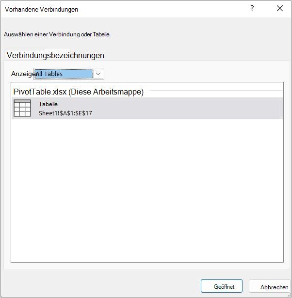 Registerkarte 'Tabellen' im Dialogfeld 'Vorhandene Verbindungen'