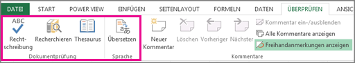 Optionen für Rechtschreibung, Thesaura und Übersetzung