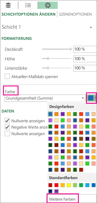 Dropdown 'Farbe' auf der Registerkarte 'Optionen' der Layereinstellungen