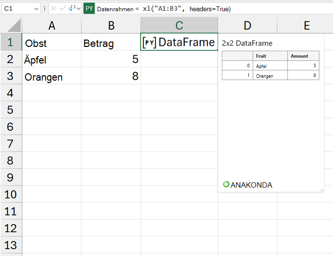 Eine geöffnete DataFrame-Karte.