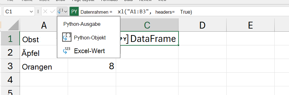 Das geöffnete Python-Ausgabemenü in Excel.