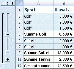 Excel-Liste mit Sport-Teilergebnissen und einer Gesamtsumme