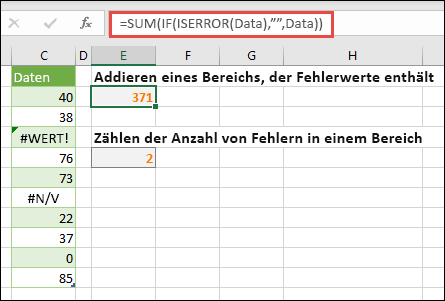 Verwenden Sie Arrays, um Fehler zu behandeln. Beispielsweise summiert =SUMME(WENN(ISERROR(Data);;Data) den Bereich mit dem Namen Daten, auch wenn er Fehler enthält, z. B. #VALUE! oder #NA!.