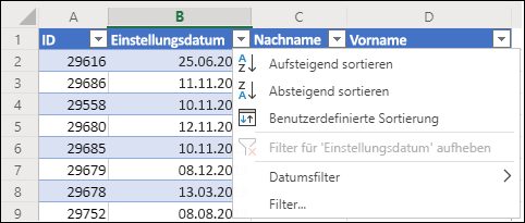 Verwenden des Excel-Tabellenfilters zum Sortieren in aufsteigender oder absteigender Reihenfolge