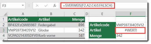 Screenshot, der die #VALUE! wird angezeigt, wenn col_index_argument kleiner als 1 ist