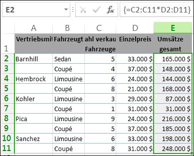 Die Summen in Spalte E werden mithilfe einer Arrayformel berechnet