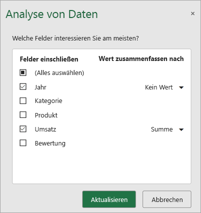 Wählen Sie die Felder aus, die Sie verwenden möchten, und aktualisieren Sie sie, um neue Empfehlungen zu erhalten.