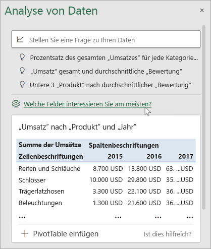 Der Bereich „Datenanalyse“ mit dem Link zum Festlegen, welche Felder verwendet werden sollen.