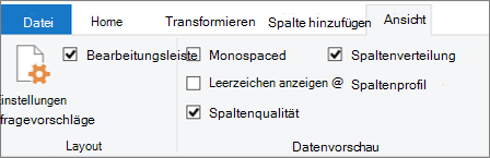 Datenprofilerstellungsoptionen auf der Registerkarte Ansicht des menübands Power Query-Editor