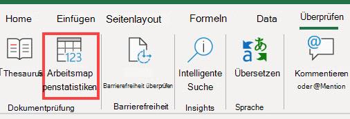 Der Befehl „Arbeitsmappenstatistiken“ im Excel-Menüband