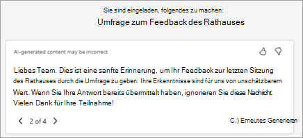 Copilot generiert automatisch einen vorgeschlagenen Einladungstext. Sie können den Text hier bearbeiten oder Mit Copilot umschreiben auswählen, um ihn aufzufordern, eine neue Version zu generieren.