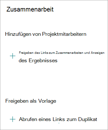 Auf dem Bildschirm Zusammenarbeit können Sie den Link freigeben, um mit anderen zusammenzuarbeiten, oder das Formular als Vorlage freigeben, damit ein anderer Benutzer das Formular duplizieren kann.