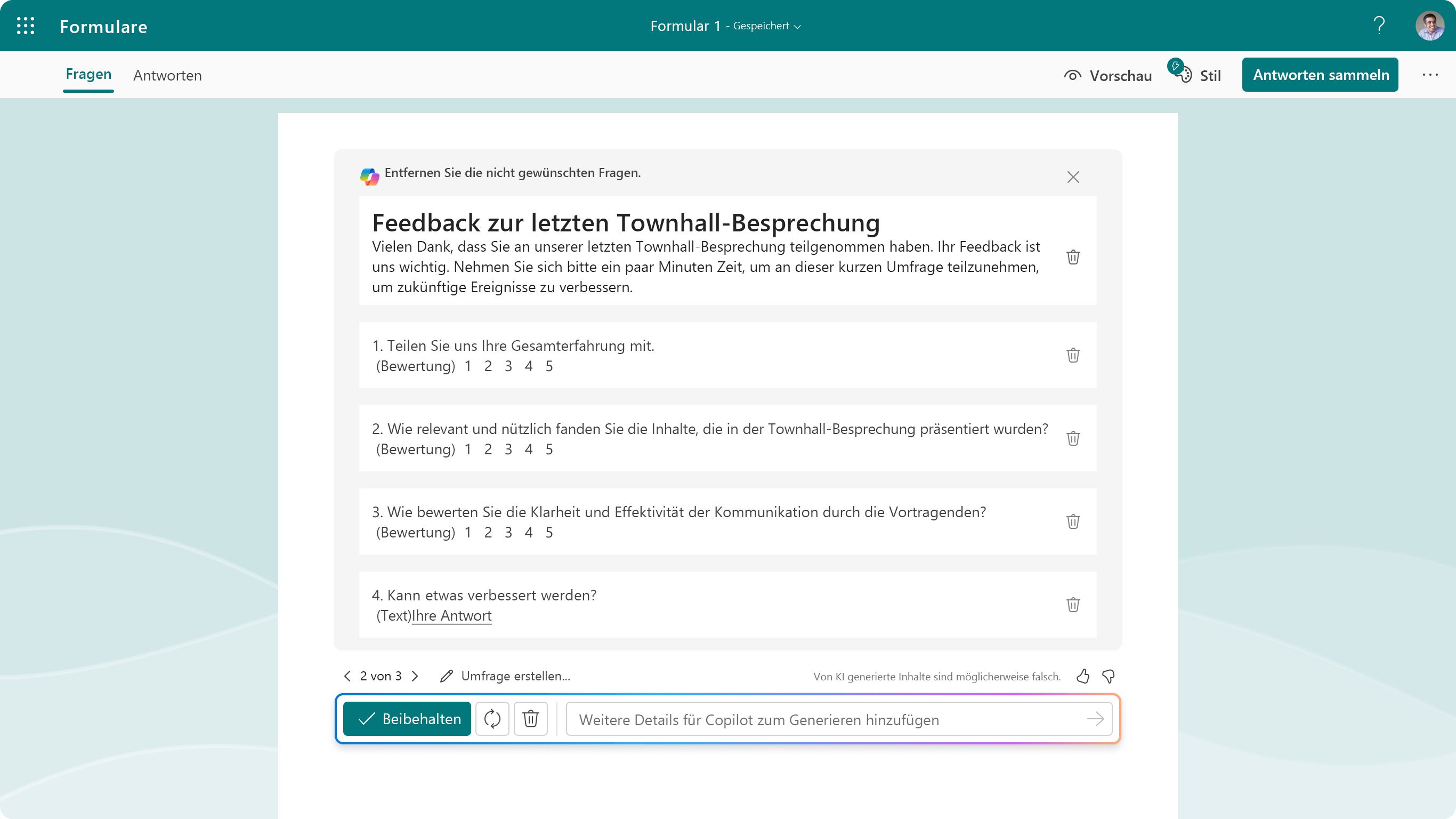 Screenshot: Vorgeschlagene Fragen für Copilot in Forms