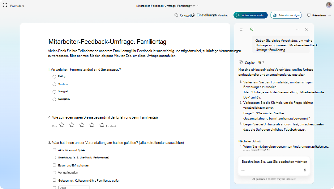 Screenshot des Formulars für die Mitarbeiterfeedback-Umfrage mit Verbesserungen im Copilot-Vorschlagsbereich.