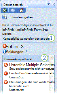 Der Aufgabenbereich der Designprüfung zeigt Browserkompatibilitätsfehler an