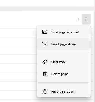 Eine partielle Erfassung einer Microsoft Journal Seite, die das geöffnete Seitenmenü anzeigt.
