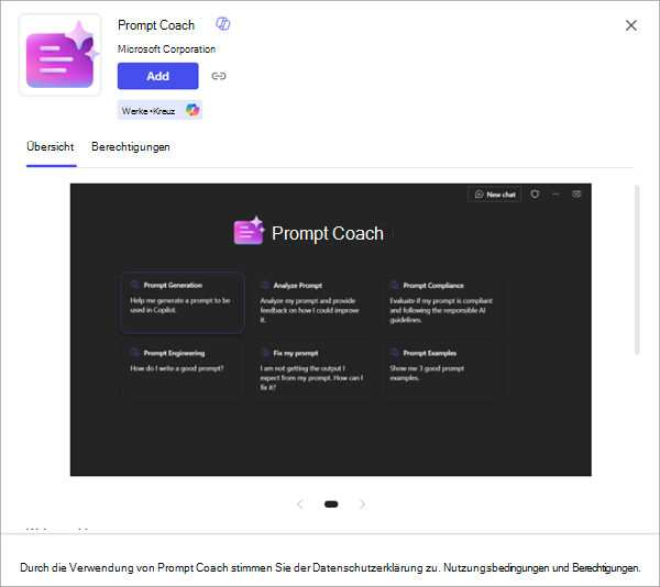 Screenshot einer App mit weiteren Details und der Option, sie Microsoft 365 Copilot hinzuzufügen.