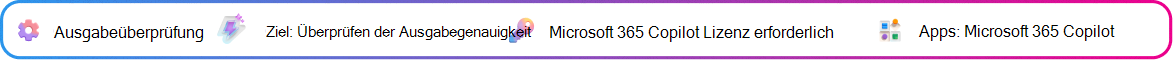 Die Karte mit dem Ausgabevalidierungskontext, die sich auf die Validierung eines von Copilot generierten Entscheidungsleitfadens konzentriert, bevor darauf reagiert wird. Ziel: Bestätigen der kurzen Genauigkeit. Microsoft Copilot-Lizenz erforderlich. App: Microsoft Copilot.